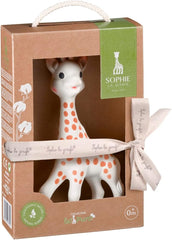 Sophie La Girafe teether UAE gift box with ribbon and handle showing white giraffe teething toy