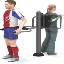 Waist and back massager trainer with front handles and shoulder-height back support