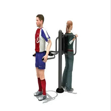 Waist and back massager stand with arm handles and padded torso supports