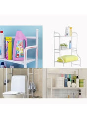 Huitich wall mounted bathroom storage rack in white metal with multiple shelves holding toiletries and towels