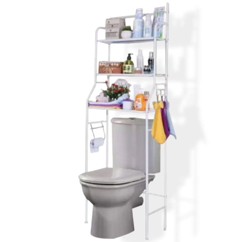 Huitich wall mounted bathroom storage rack in white installed over toilet with multiple shelves and hooks