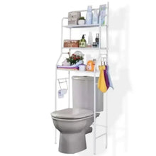 Wall-mounted bathroom storage rack with 3 open shelves and hanging side hooks