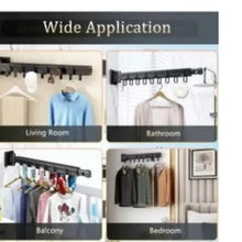 Wall-mounted clothes drying rack bar with several hooks for hanging