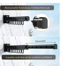 Retractable fold-away clothes dry rack with extended bar and row of hanging hooks