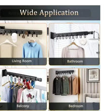 Wall-mounted foldable clothes hanger rack with hooks displaying hanging clothes in multiple rooms