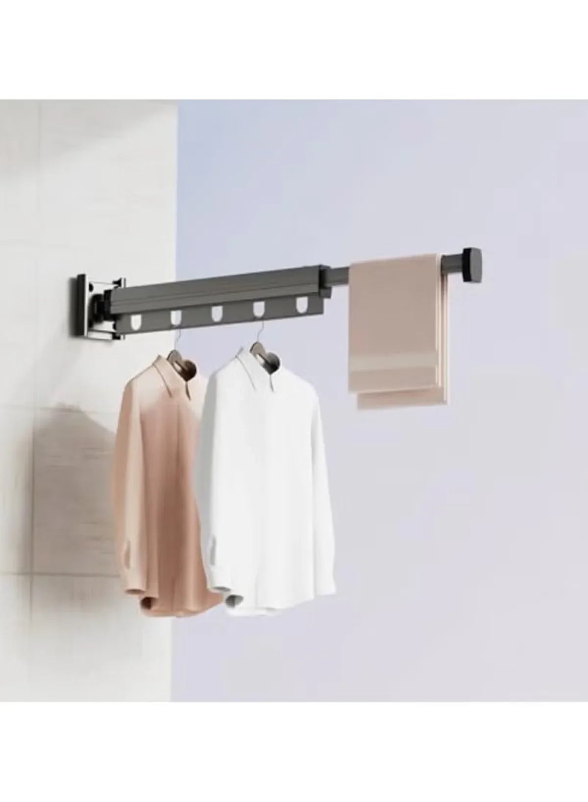 Wall-mounted folding hanger with 5 hooks holding light shirts, side mounting knob