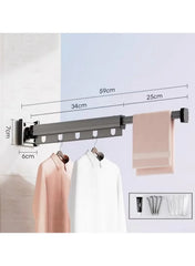 Wall-mounted folding hanger with 5 hooks and size guide markings, 59cm shown