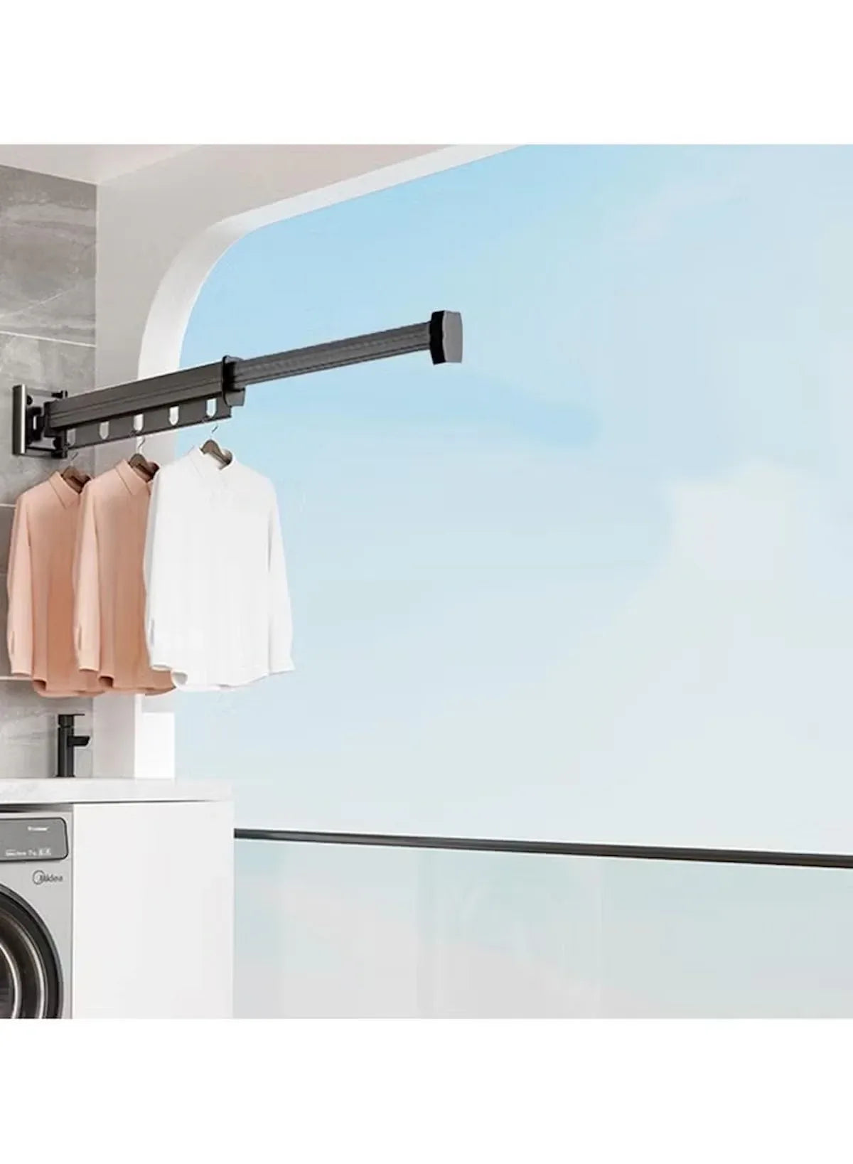 Wall-mounted clothes hanger bar with 5 hooks, holding shirts on wall bracket