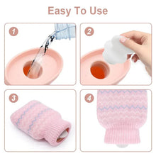 Hot water bottle shown being filled, capped, and covered with knit sleeve