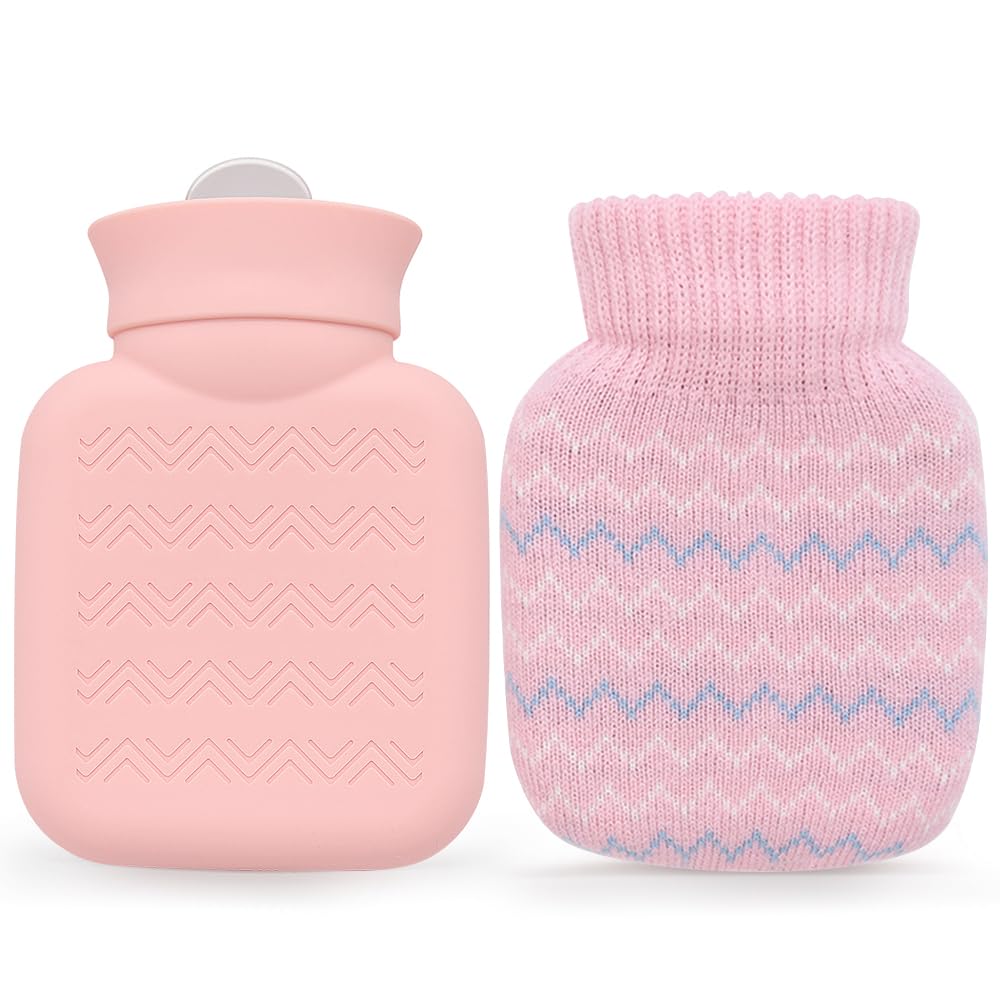 Photken pink mini hot water bottle with knitted cover and matching soft silicone bottle shown side by side