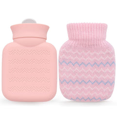 Photken pink mini hot water bottle with knitted cover and matching soft silicone bottle shown side by side