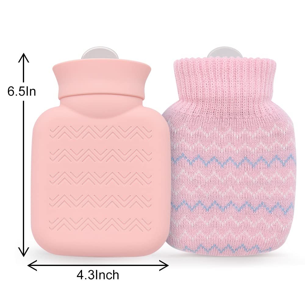 Pink mini hot water bottle with knitted cover showing silicone bottle and removable pink knit sleeve