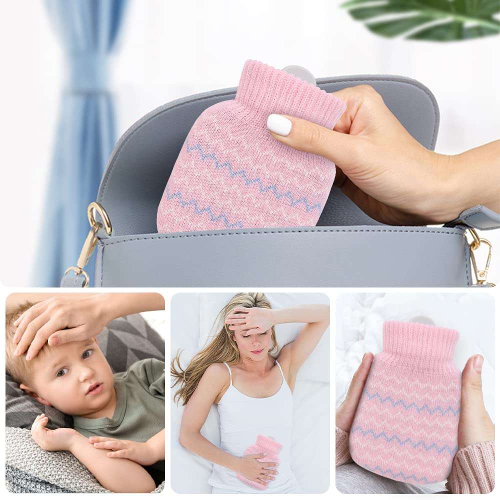 Photken mini hot water bottle with knitted cover pink pattern shown in a purse and used for tummy relief