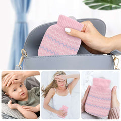 Photken mini hot water bottle with knitted cover pink pattern shown in a purse and used for tummy relief