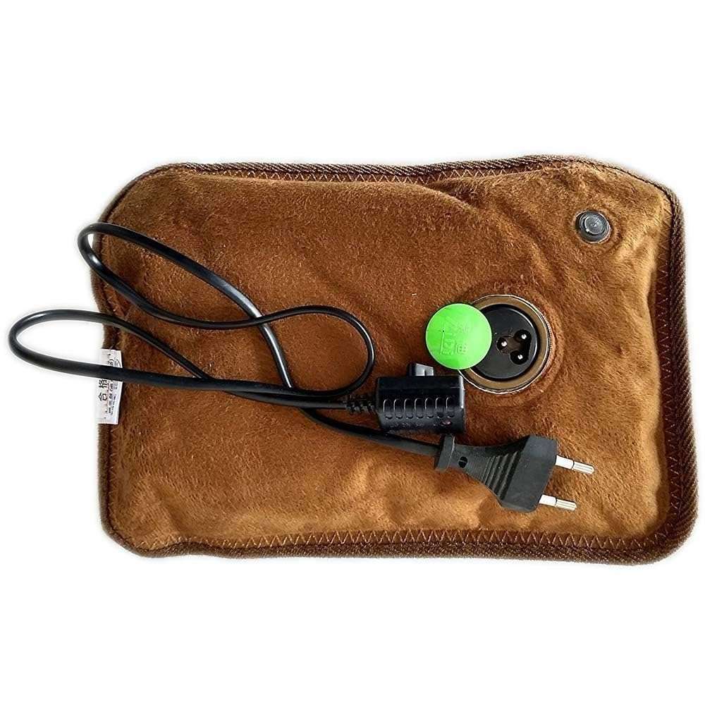 Brown rectangular plush electric hot water bag for pain relief with power cord plug and green filling cap