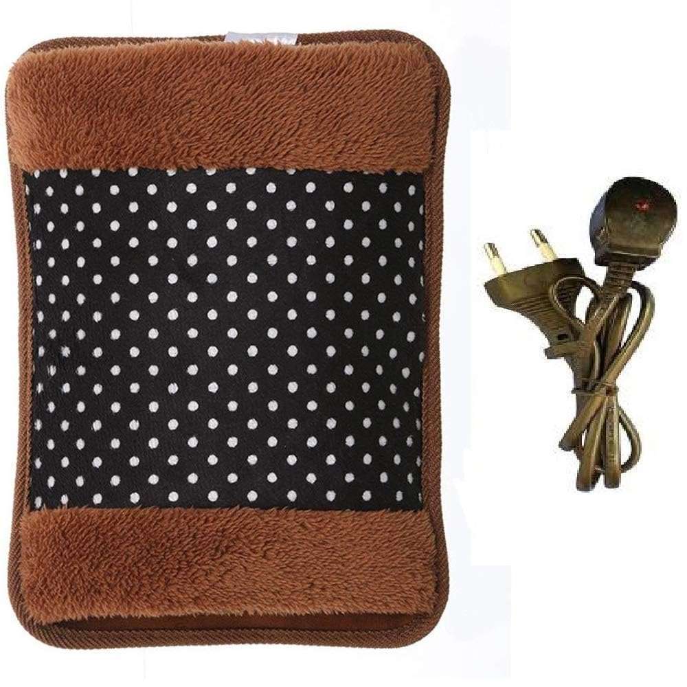 Brown plush electric hot water bag for pain relief with black polka dot front panel and power cord