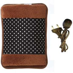 Brown plush electric hot water bag for pain relief with black polka dot front panel and power cord