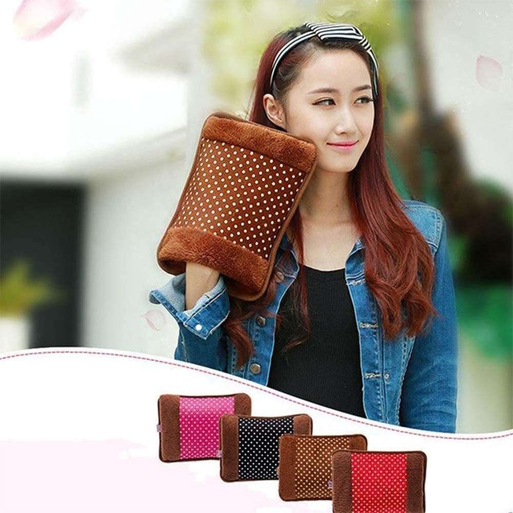 Woman holding brown plush polka dot electric hot water bag for pain relief rectangular hand warmer with color options