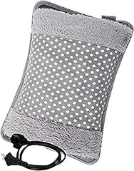 Grey polka dot plush electric hot water bag for pain relief with soft fleece cover and power cord