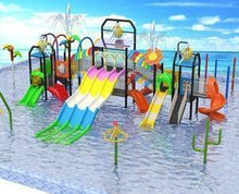 Outdoor water playground with multiple slides, climbing frames, and spray features
