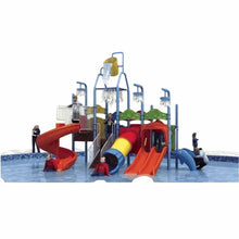 Water playground playset with red spiral slide, yellow tube slide, and blue water base.