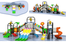 Multi-slide outdoor water playground with splash stations, slides, and activity towers
