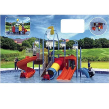 Water playground playset with dual red slides, green ladder, and shower water sprayer.