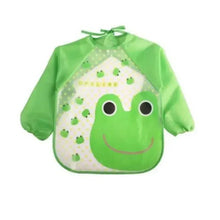 Green waterproof baby feeding bib with long sleeves and cute frog face design