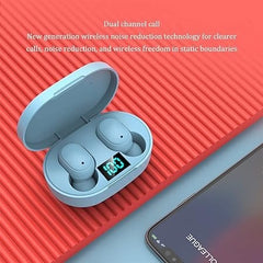 Huitich waterproof Bluetooth earbuds with LED display in charging case next to smartphone on red textured surface