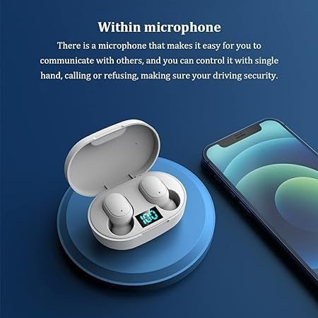 Huitich waterproof Bluetooth earbuds with LED display in white charging case next to a smartphone