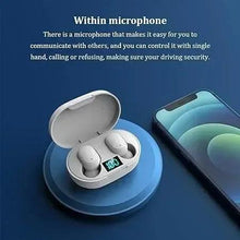 White wireless earbuds in open case, with LED panel visible
