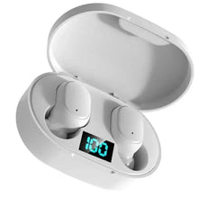 White wireless earbuds with open charging case and blue-green LED battery display