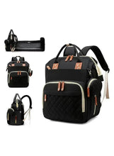 Black maternity backpack with side bottle pocket and clips, shown from different angles