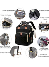Black maternity backpack with USB charging port, stroller straps, and thermal pockets