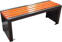 Waterproof outdoor bench with orange slatted seat and dark frame