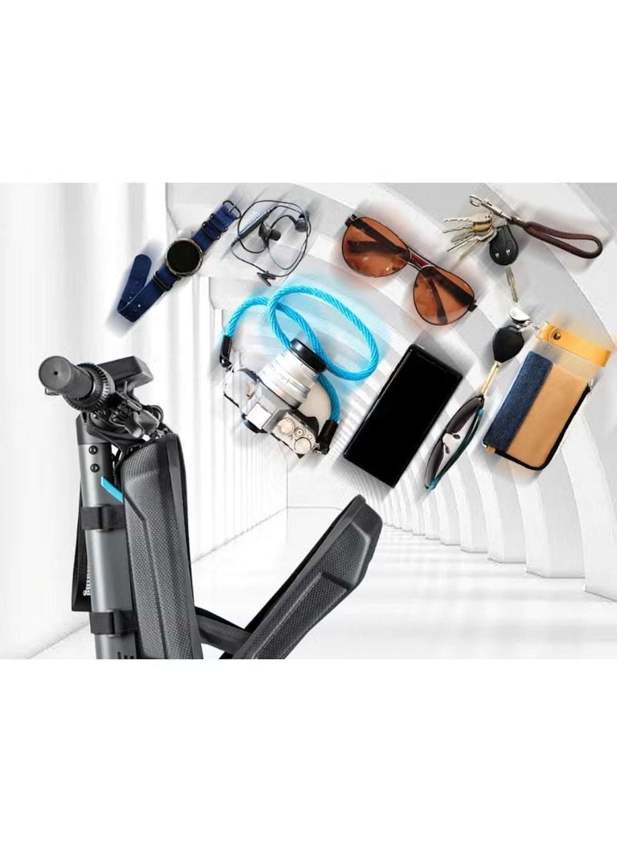 Waterproof scooter front bag attached to a scooter with personal items arranged around it