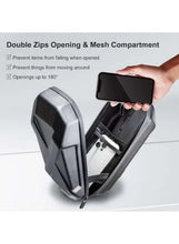 Dark hard-shell scooter front bag opened to show mesh compartment