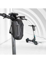 Hard-shell scooter front bag mounted on handlebar with compact case shape