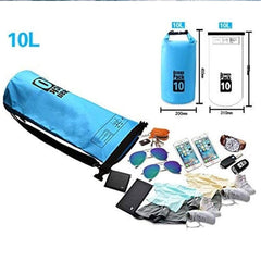 Huitich waterproof sport shoulder bag 10L blue dry bag with dimensions and packed items around