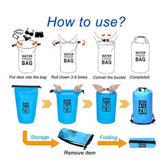 Huitich waterproof sport shoulder bag usage instructions showing how to roll, buckle, store, and fold the blue bag