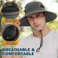 Waterproof sun hat for men with breathable mesh panel and built-in sweatband, gray style