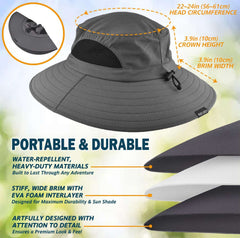 Waterproof sun hat for men in gray with wide brim and adjustable drawstring for outdoor protection