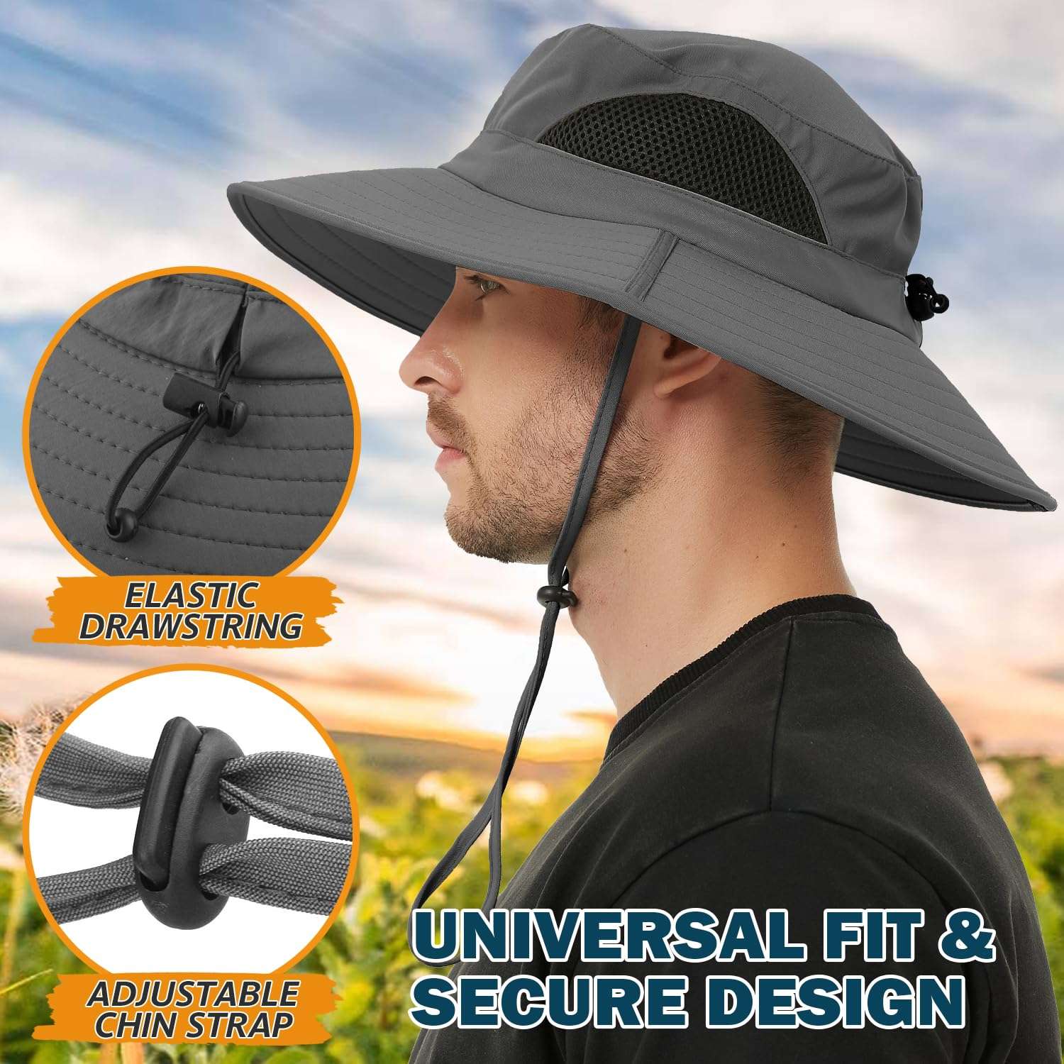 Waterproof sun hat for men in gray with wide brim, elastic drawstring, and adjustable chin strap