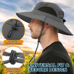 Waterproof sun hat for men in gray with wide brim, elastic drawstring, and adjustable chin strap