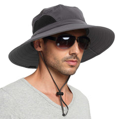 Gray waterproof sun hat for men with wide brim and chin strap worn with sunglasses