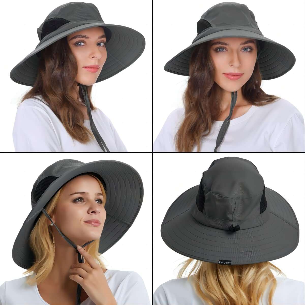 Waterproof sun hat for men with wide brim and chin strap shown from multiple angles on models