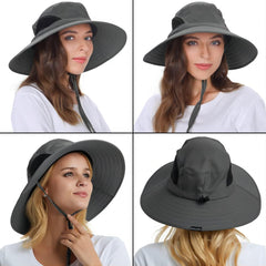 Waterproof sun hat for men with wide brim and chin strap shown from multiple angles on models