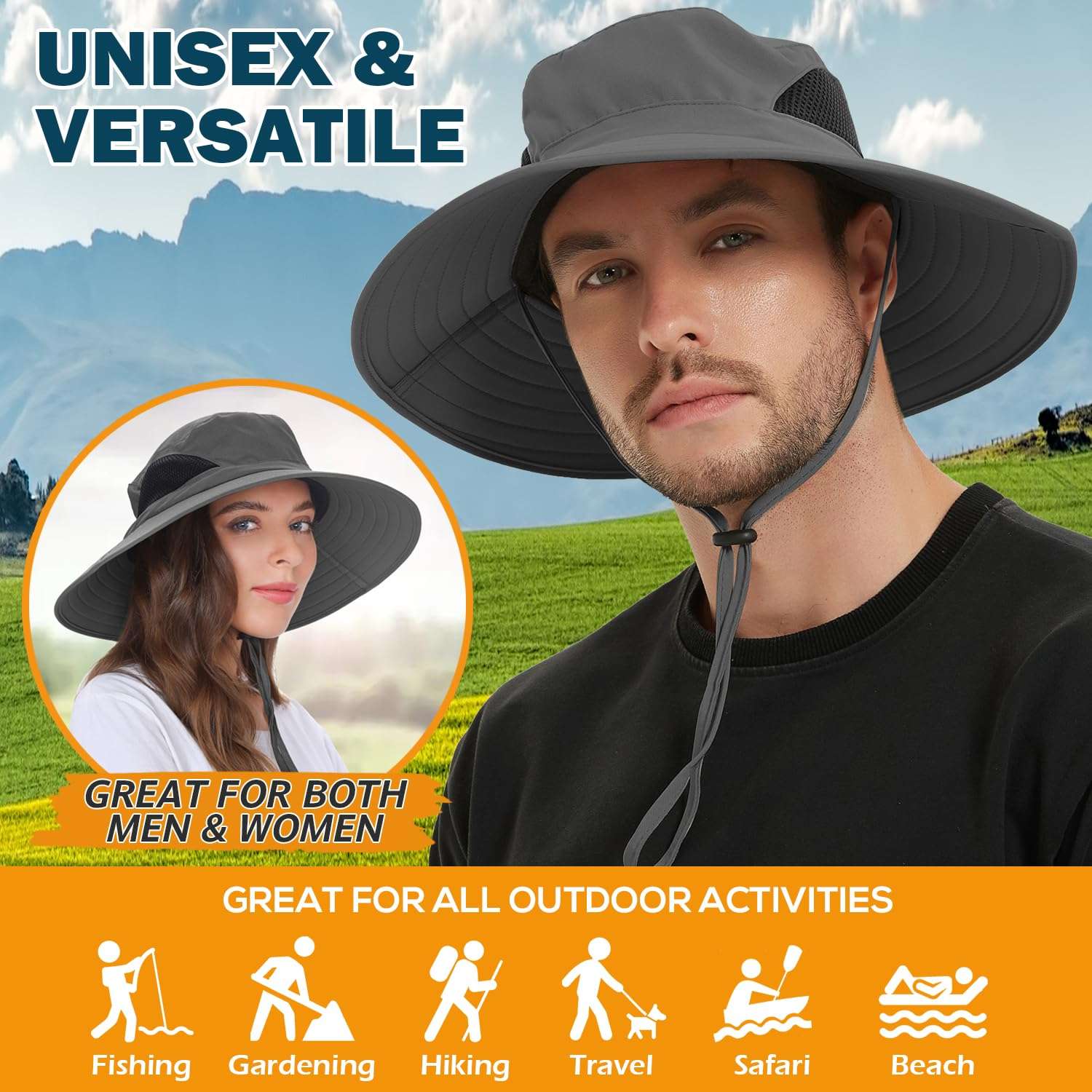 Gray waterproof sun hat for men with wide brim and chin strap suitable for outdoor activities