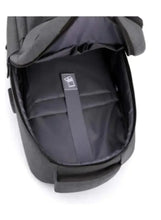 Light grey backpack main compartment open with inner organizer panel and strap