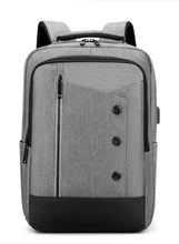 Light grey travel backpack with front zip compartment and top handle